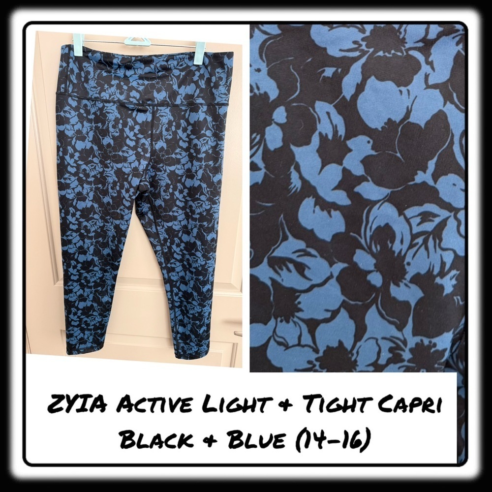ZYIA black + blue “Light & Tight” high waist leggings Size 14-16. Capri (23-25”)